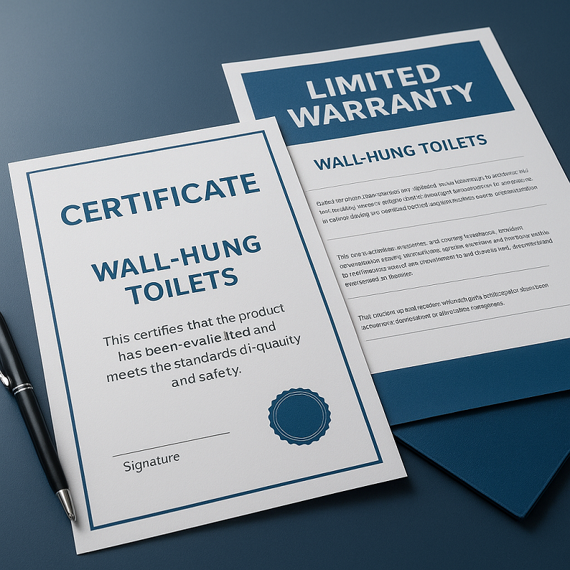 A close-up of the certification and warranty documents for a wall-hung toilet, symbolizing quality assurance